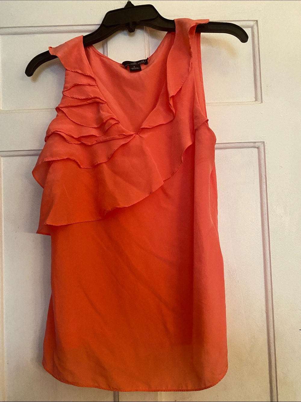 Willi Smith One-Shoulder Ruffle Silk top in Coral Orange.  Size L